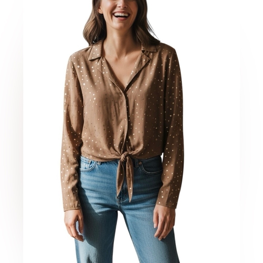 BCBGeneration Front Tie Tan Button Up Blouse S